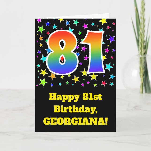 Colorful Stars + Rainbow Pattern "81" Birthday # Card (Front)