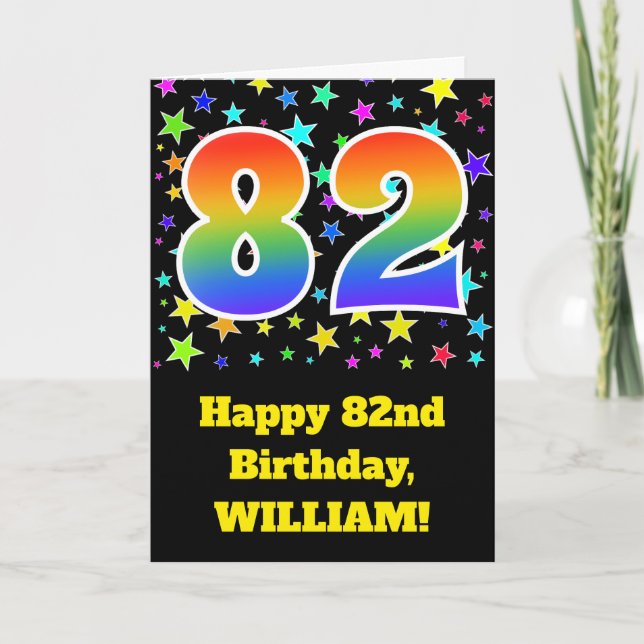 Colorful Stars + Rainbow Pattern "82" Birthday # Card (Front)