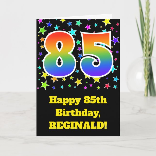 Colorful Stars + Rainbow Pattern "85" Birthday # Card (Front)