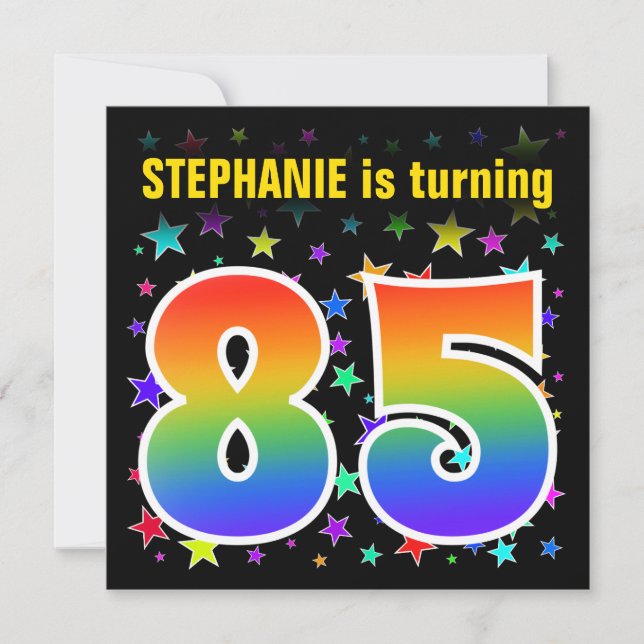 Colorful Stars + Rainbow Pattern "85" Birthday # Invitation (Front)