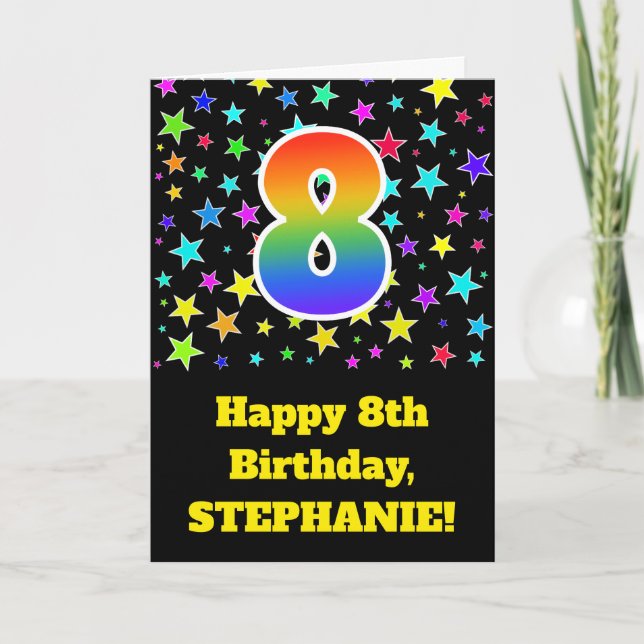 Colorful Stars + Rainbow Pattern "8" Birthday # Card (Front)