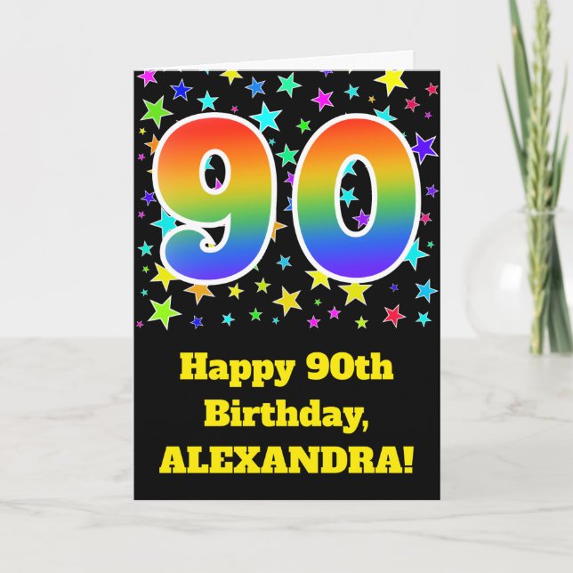 Colorful Stars + Rainbow Pattern "90" Birthday # Card (Front)