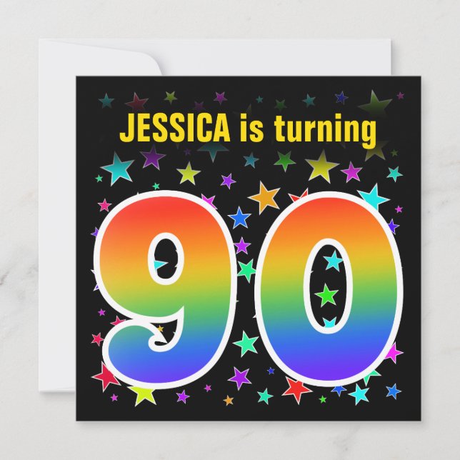 Colorful Stars + Rainbow Pattern "90" Birthday # Invitation (Front)