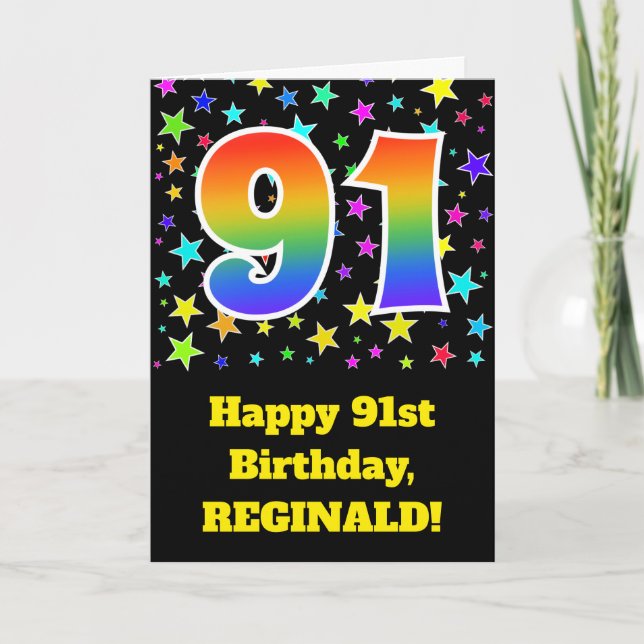 Colorful Stars + Rainbow Pattern "91" Birthday # Card (Front)