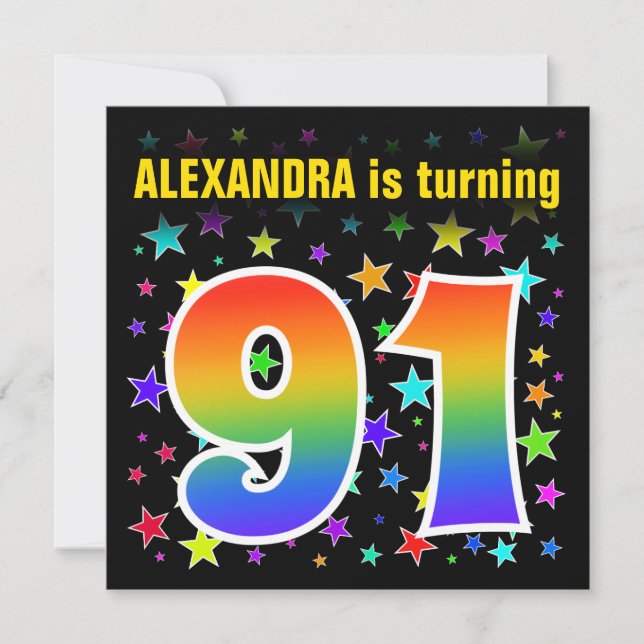 Colorful Stars + Rainbow Pattern "91" Birthday # Invitation (Front)