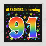 [ Thumbnail: Colorful Stars + Rainbow Pattern "91" Birthday # Invitation ]