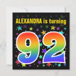 [ Thumbnail: Colorful Stars + Rainbow Pattern "92" Birthday # Invitation ]
