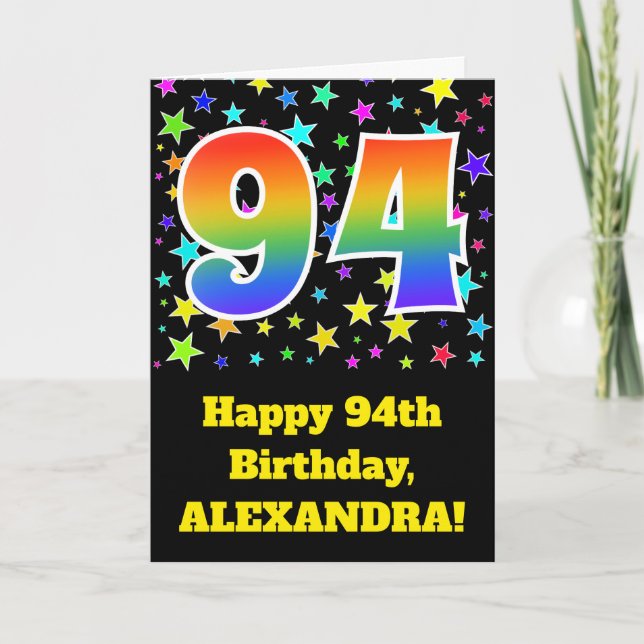 Colorful Stars + Rainbow Pattern "94" Birthday # Card (Front)