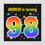 [ Thumbnail: Colorful Stars + Rainbow Pattern "98" Birthday # Invitation ]