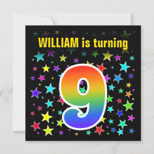Colorful Stars + Rainbow Pattern "9" Birthday # Invitation