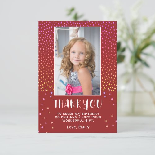 Colorful Stars Red Birthday Kids Girl Photo Thank You Card