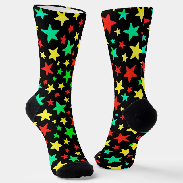 Colorful Stars Red Blue Green Yellow Black Modern Socks (Angled)