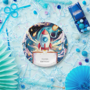 Colorful Stars Rocket Birthday Paper Plates