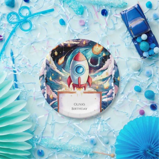 Colorful Stars Rocket Birthday Paper Plates (Party)