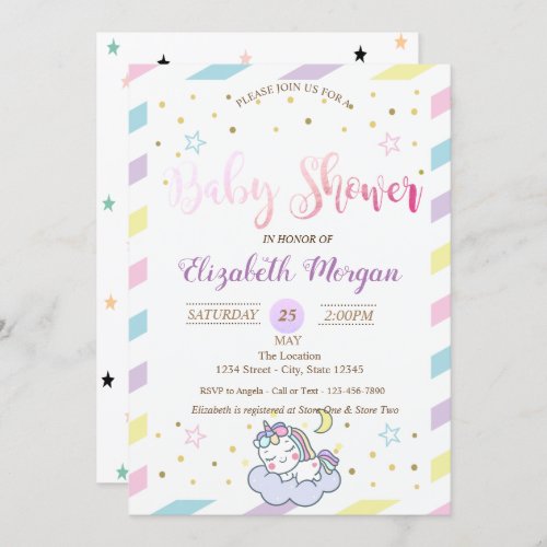 Colorful Stars Unicorn  Baby Shower Invitation