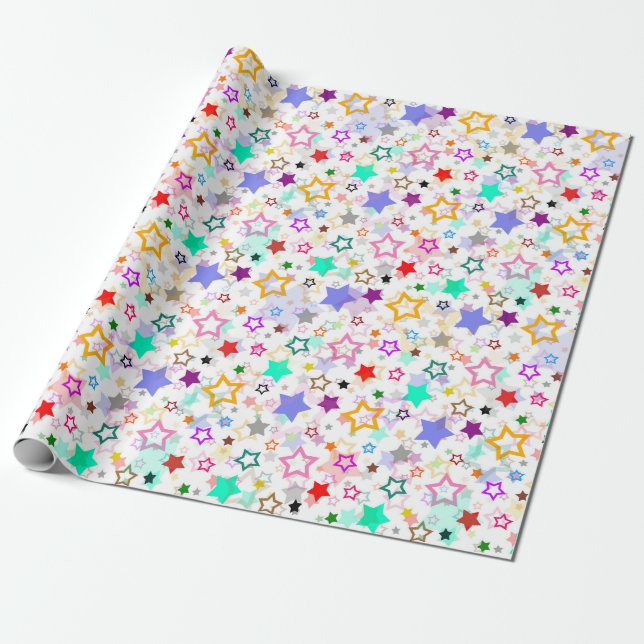 Colorful Stars White  Wrapping Paper (Unrolled)