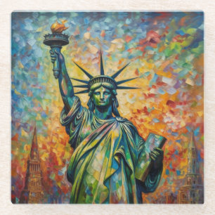 Colorful Statue of Liberty New York Art Glass Coaster