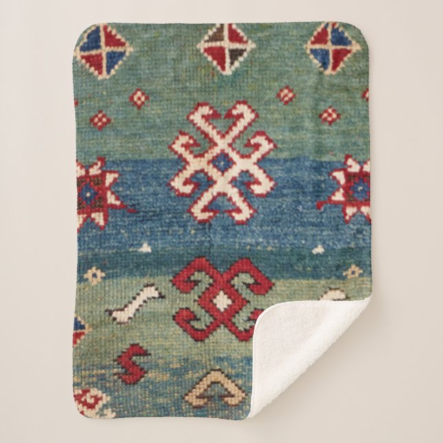 Colorful Steel Blue Light Green Checkered  Sherpa Blanket (Front)