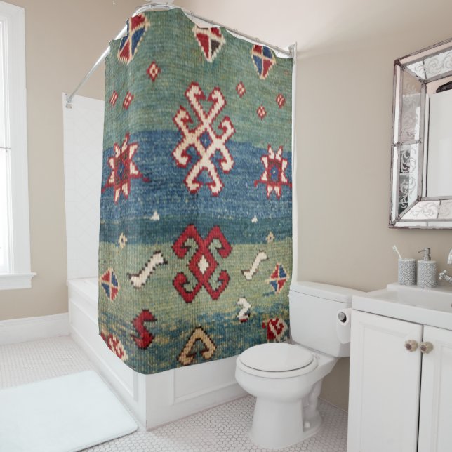Colorful Steel Blue Light Green Checkered  Shower Curtain (In Situ)