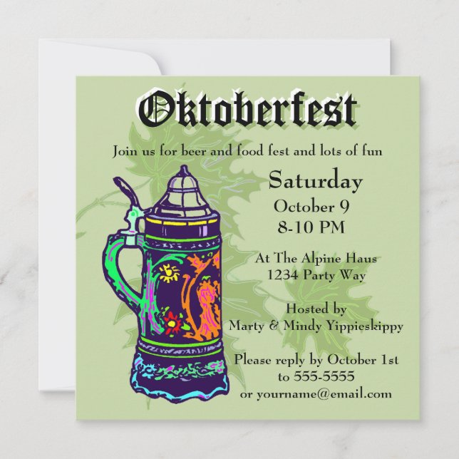 Colorful Stein on Green Oktoberfest Invitation (Front)
