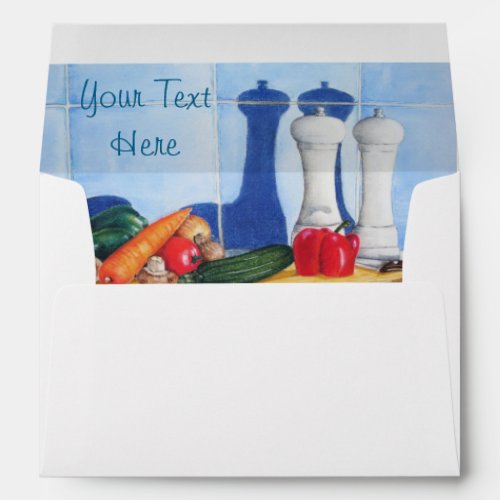 colorful still life of mixed vegetables in prep envelope