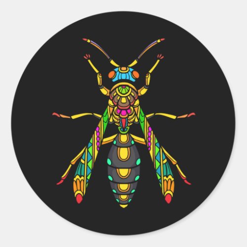 colorful_stinger_bee_mandala_arts_isolated_black_w classic round sticker