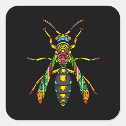 colorful_stinger_bee_mandala_arts_isolated_black_w square sticker