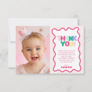 Colorful Stiped 1st Birthday Thank You Card Photo
