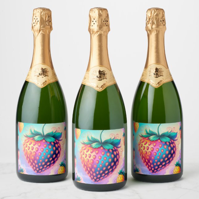 Colorful strawberry sparkling wine label (Bottles)