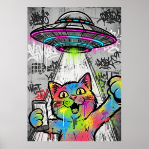 Colorful Street Art Cat with UFO Graffiti Poster