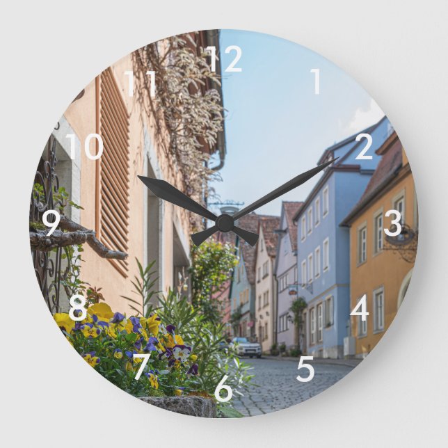Colorful street in Rothenburg ob der Tauber Large Clock (Front)
