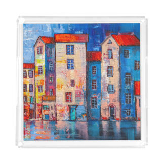 Colorful Street Panorama Impressionist Art Acrylic Tray