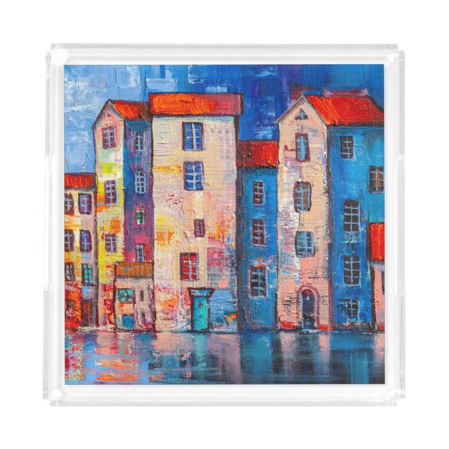 Colorful Street Panorama Impressionist Art Acrylic Tray (Front)