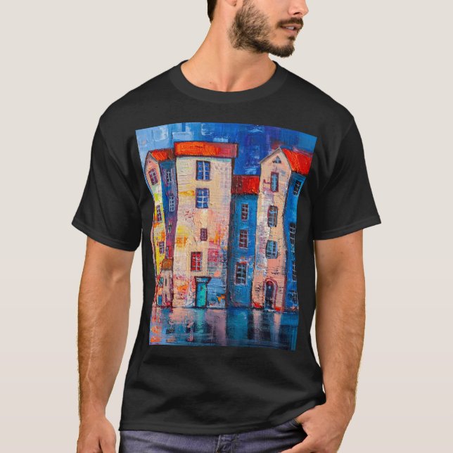 Colorful Street Panorama Impressionist Art T-Shirt (Front)