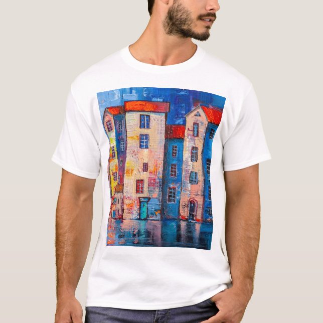 Colorful Street Panorama Impressionist Art T-Shirt (Front)
