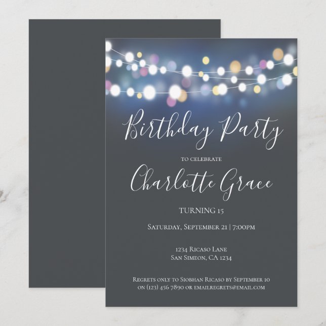 Colorful String Lights Birthday Party Invitation (Front/Back)