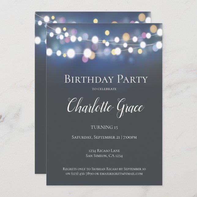 Colorful String Lights Birthday Party Invitation (Front/Back)