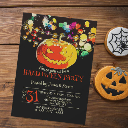 Colorful String Lights Grinning Pumpkin Halloween 