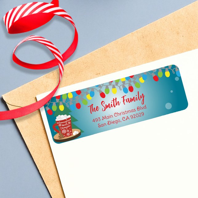 Colorful String Lights Red Cocoa Mug Christmas Label (Creator Uploaded)