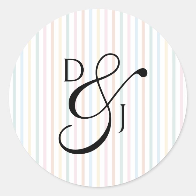 Colorful Stripe Monogram Script Ampersand Wedding Classic Round Sticker (Front)