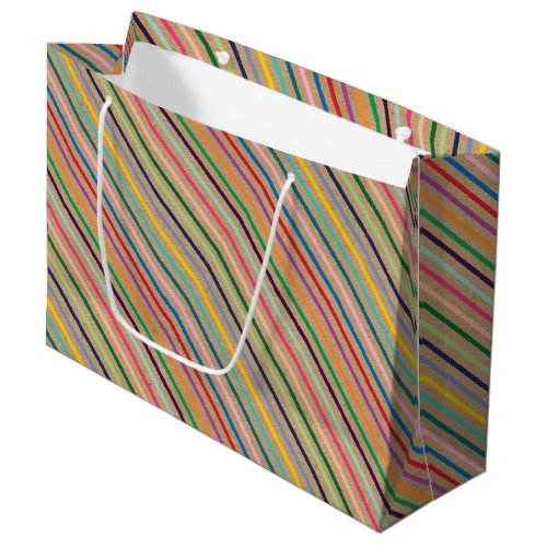 Colorful Stripe Pattern On Rustic Faux Brown Kraft Large Gift Bag