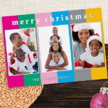 Colorful Striped 3 Photo Collage Merry Christmas Foil Holiday Card<br><div class="desc">Send a bright festive flourish to your friends and family with this colorful Christmas card. On a brightly striped background, the card displays three of your favorite photos in a gallery effect. At the top, the greeting 'Merry Christmas' is in lower case typography with a cool retro appearance. Customize the...</div>
