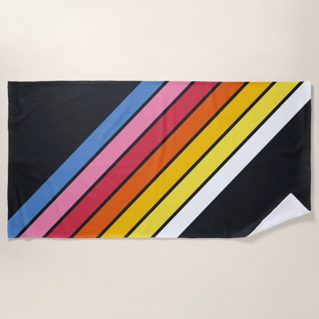 Colorful Striped 70s 80s Retro Racing Stripes Beach Towel (Front)