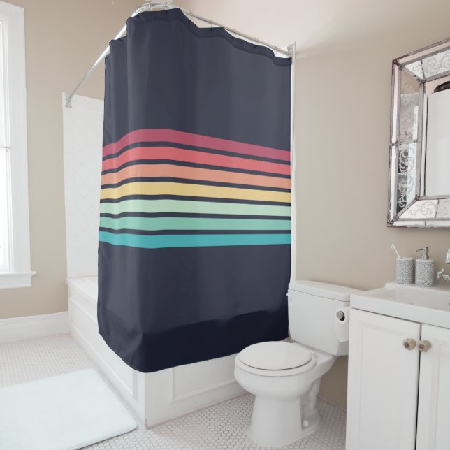 Colorful Striped 70s 80s Retro Racing Stripes Shower Curtain (In Situ)