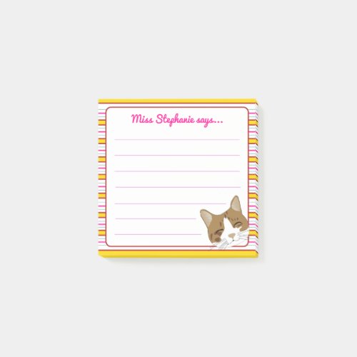 Colorful Striped Cat Face Teacher Name Post_it Notes