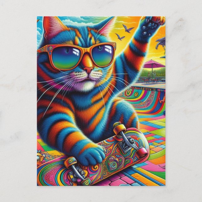 Colorful Striped Cat Skateboarding Postcard (Front)