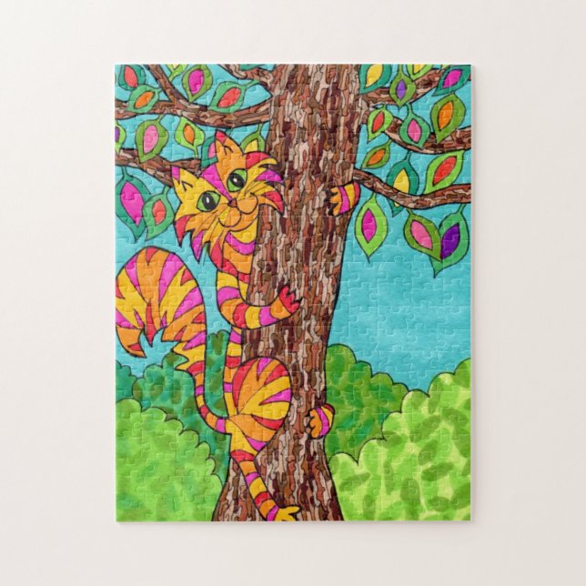 Colorful Striped Cat Tree Cute Fun Cartoon Drawing Jigsaw Puzzle (Vertical)