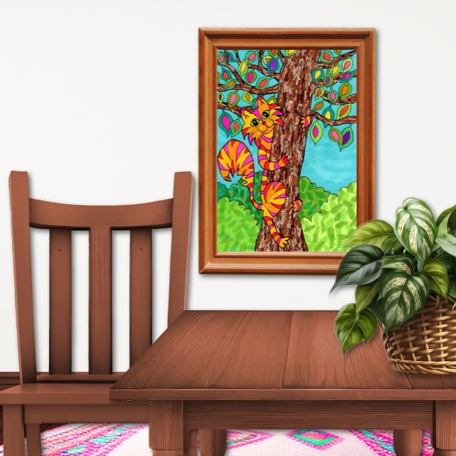 Colorful Striped Cat Tree Cute Fun Cartoon Drawing Poster (Creator Uploaded)