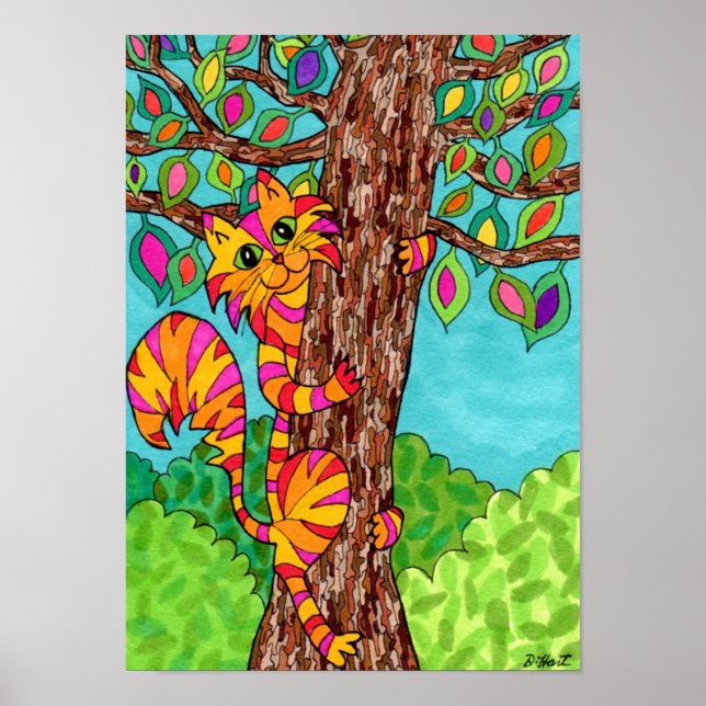 Colorful Striped Cat Tree Cute Fun Cartoon Drawing Poster Zazzle