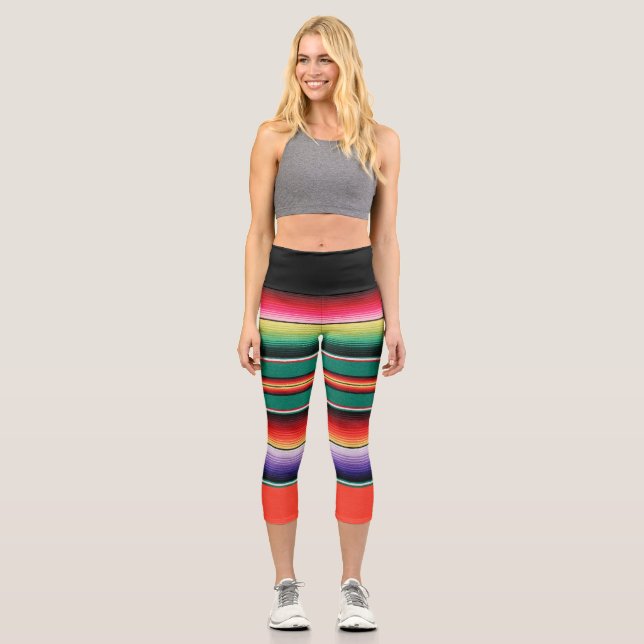 Colorful Striped Mexican blanket print  Capri Leggings (Front)